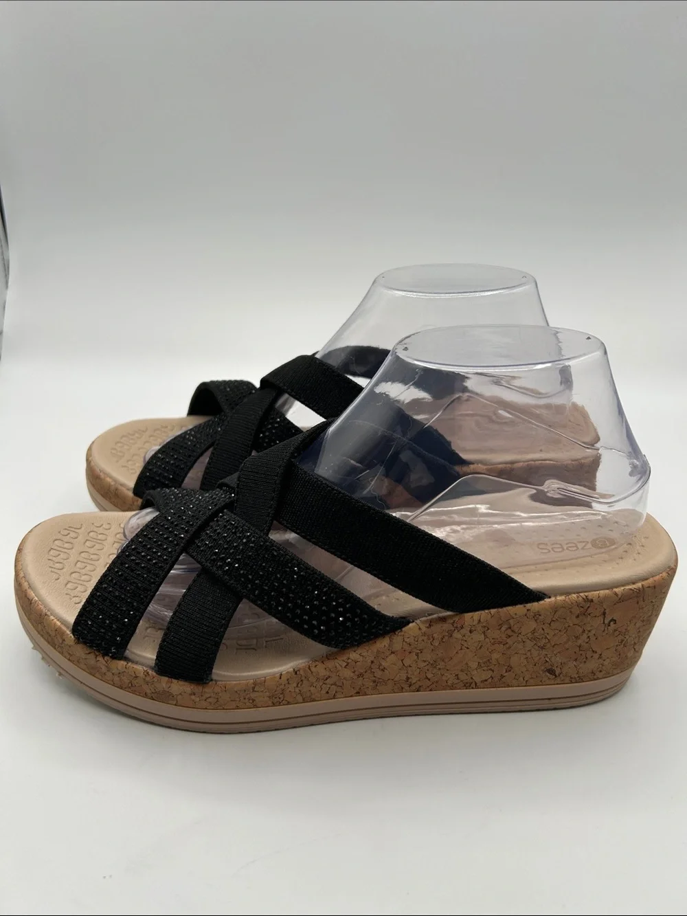 Bzees Black Wedge Sandals with Crisscross Sparkle Straps